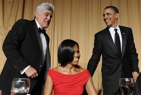Jay Leno, Michelle Obamová a Barack Obama pi výroní veei Asociace korespondent Bílého domu  